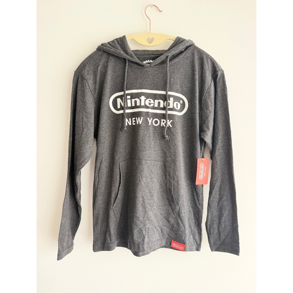 NEW Nintendo Logo New York Hoodie Shirt Dark Gray Long Sleeve Tee Gamer Youth L